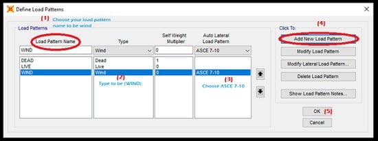 تعریف الگوهای بار باد (Load Patterns)